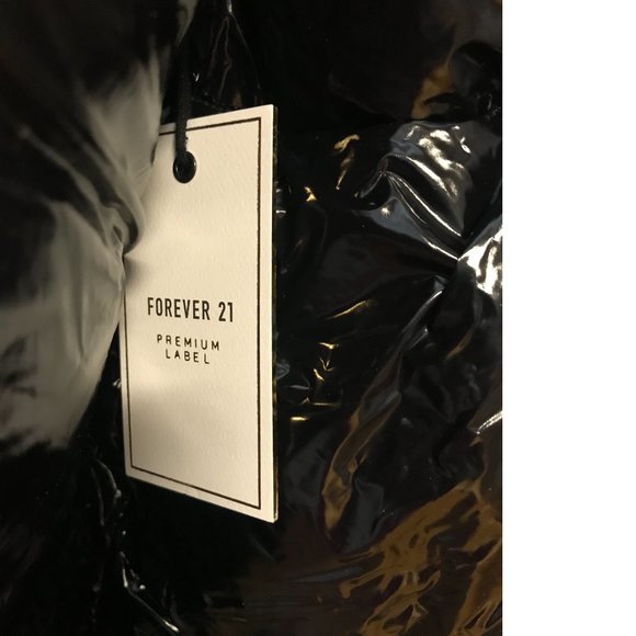 F21 PLUS SIZE black shiny hooded puffer parka coat jacket burgundy red fox fur - Picture 6 of 9